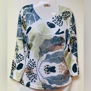 Milano V-Neck Cream/Black/Green Jungle Leaf Long Sleeve Knit Top/Sweater, Sz S!